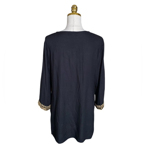 MIRA Black V-neck 3/4 Sleeve Gold Beads Embroidered Boho Flowy Tunic Womens Sz L - Picture 9 of 11